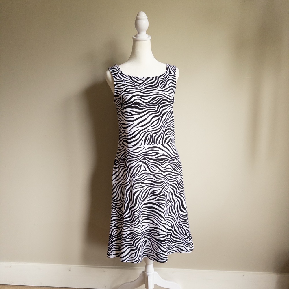 Talbots Zebra Print Sleeveless Midi Dress Pockets Blackβ and White Size Small